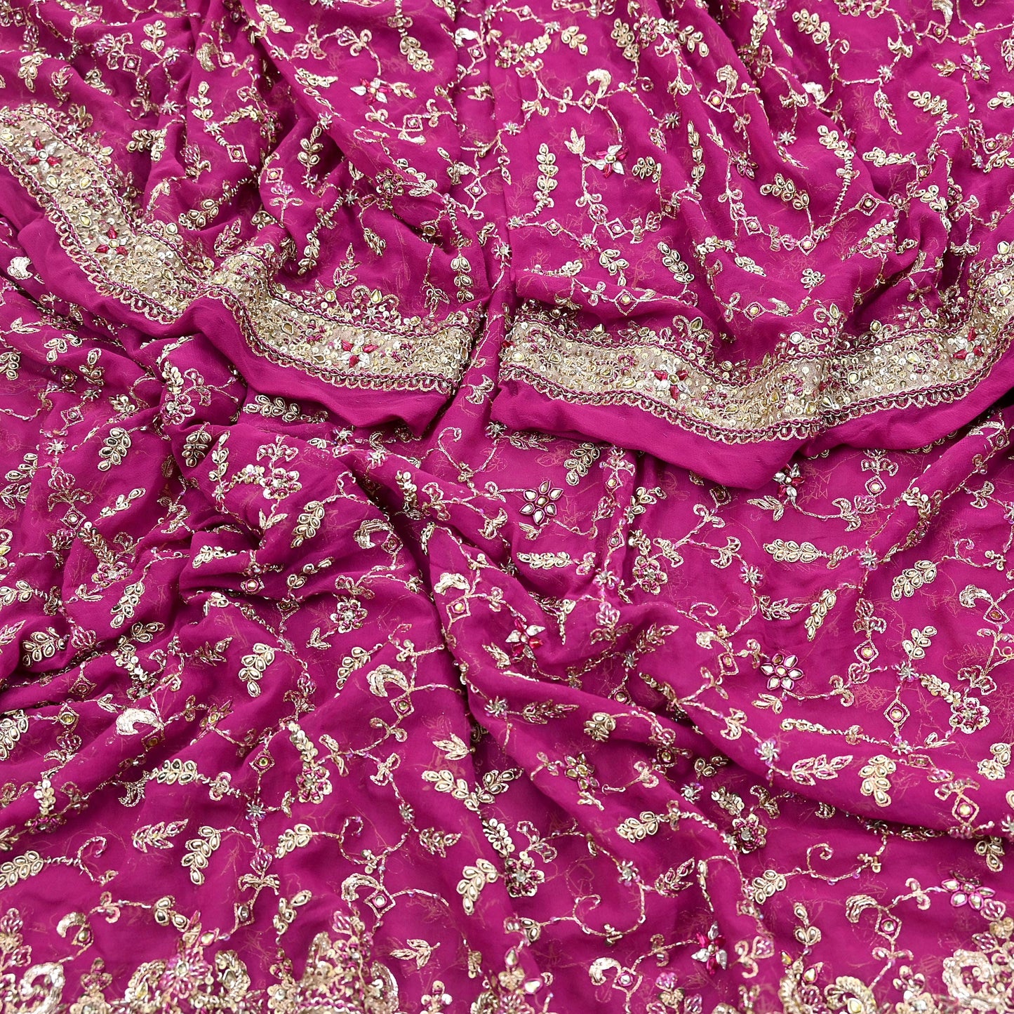 Indian Vintage Heavy Rani Pink Bridal Dupatta Pure Georgette Silk Hand Embroidered Zardozi, Dabka, Zari Work Party Wear Long Stole