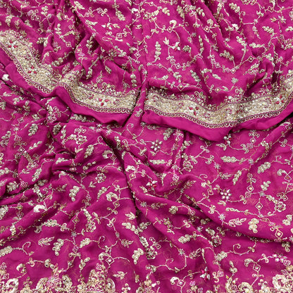Indian Vintage Heavy Rani Pink Bridal Dupatta Pure Georgette Silk Hand Embroidered Zardozi, Dabka, Zari Work Party Wear Long Stole