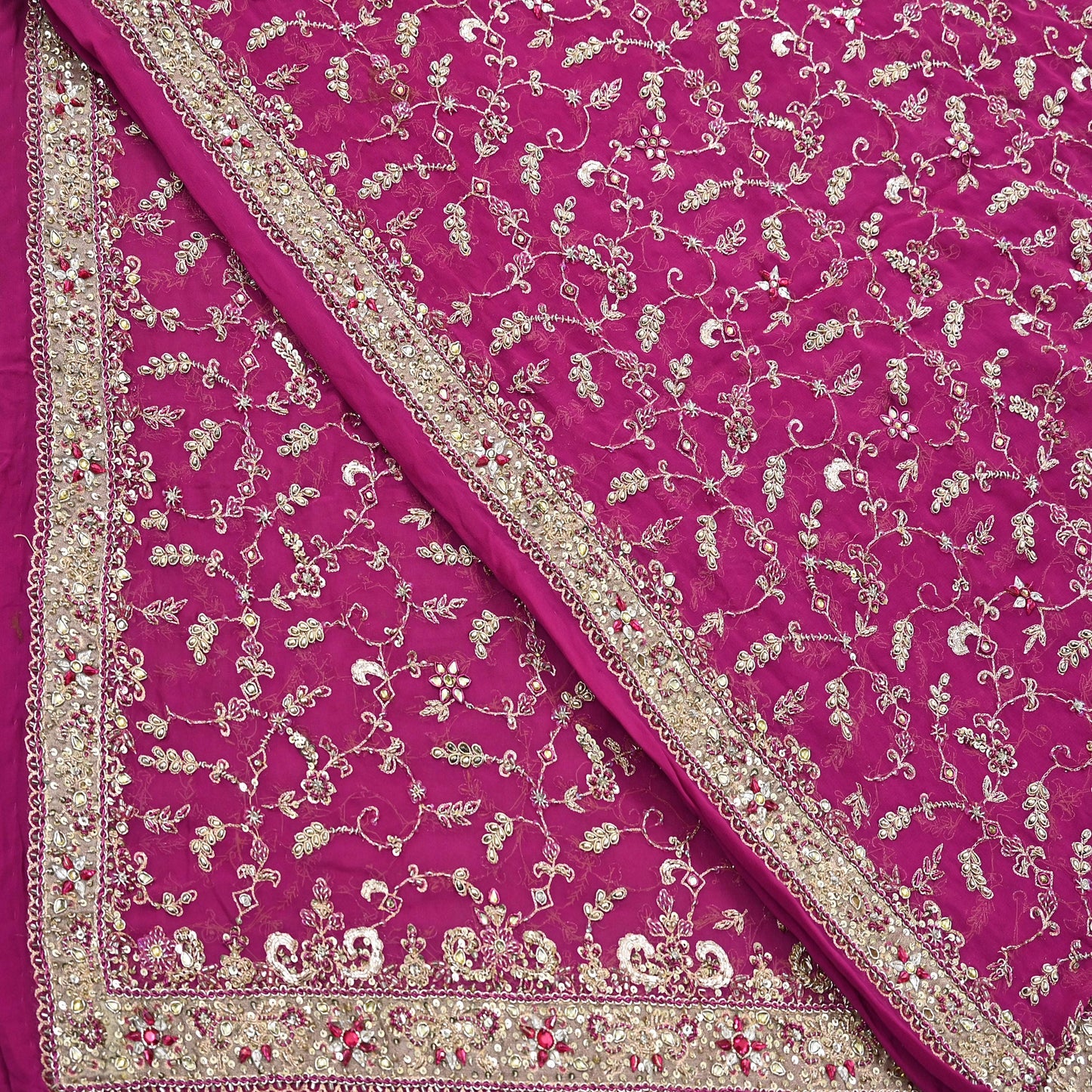 Indian Vintage Heavy Rani Pink Bridal Dupatta Pure Georgette Silk Hand Embroidered Zardozi, Dabka, Zari Work Party Wear Long Stole