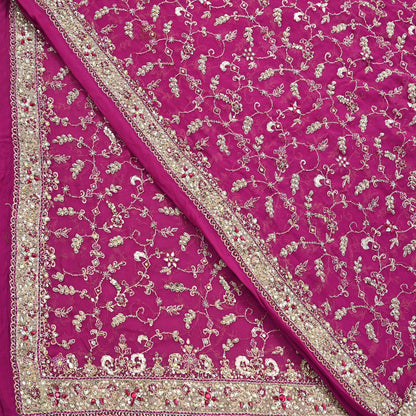 Indian Vintage Heavy Rani Pink Bridal Dupatta Pure Georgette Silk Hand Embroidered Zardozi, Dabka, Zari Work Party Wear Long Stole