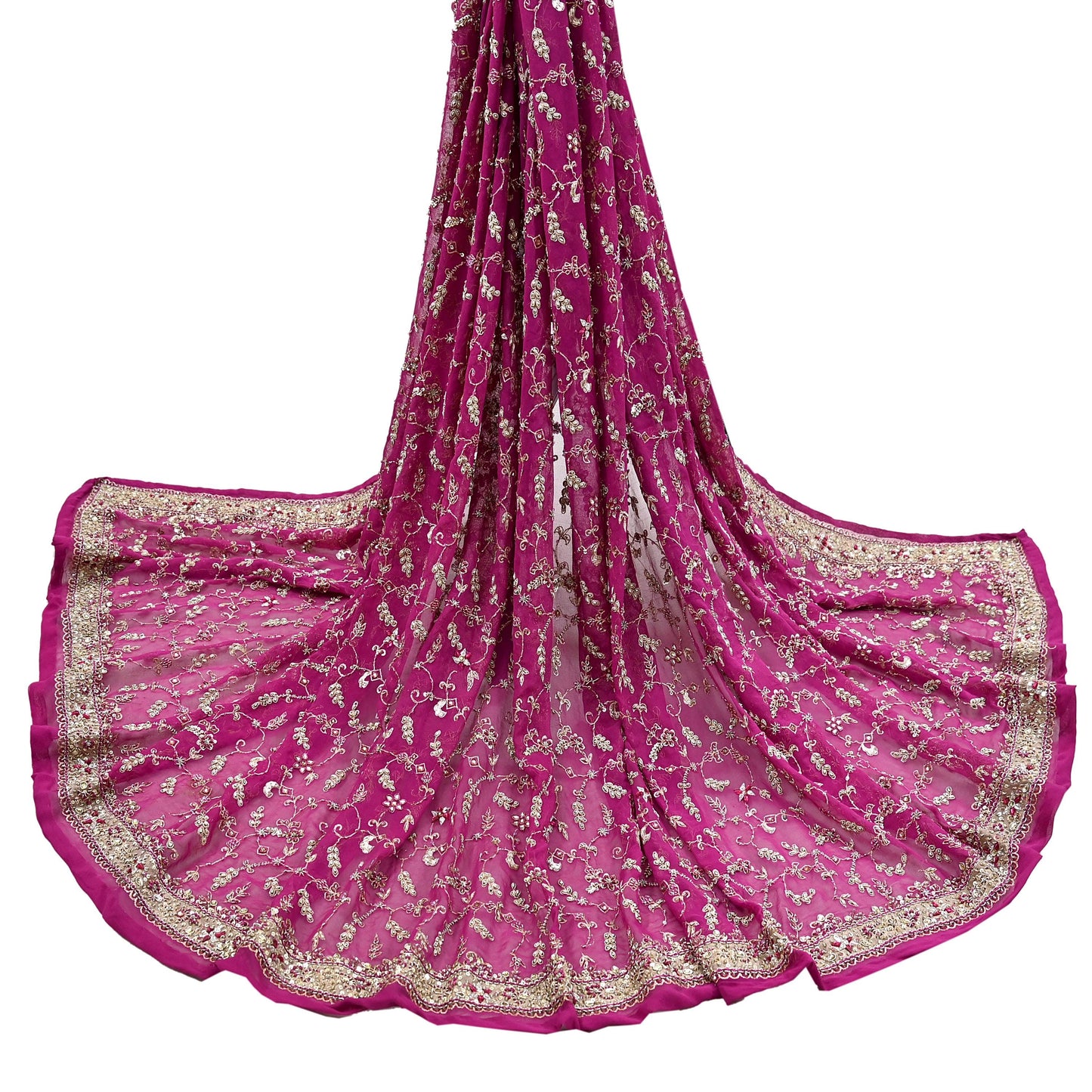 Indian Vintage Heavy Rani Pink Bridal Dupatta Pure Georgette Silk Hand Embroidered Zardozi, Dabka, Zari Work Party Wear Long Stole