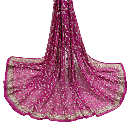 Indian Vintage Heavy Rani Pink Bridal Dupatta Pure Georgette Silk Hand Embroidered Zardozi, Dabka, Zari Work Party Wear Long Stole