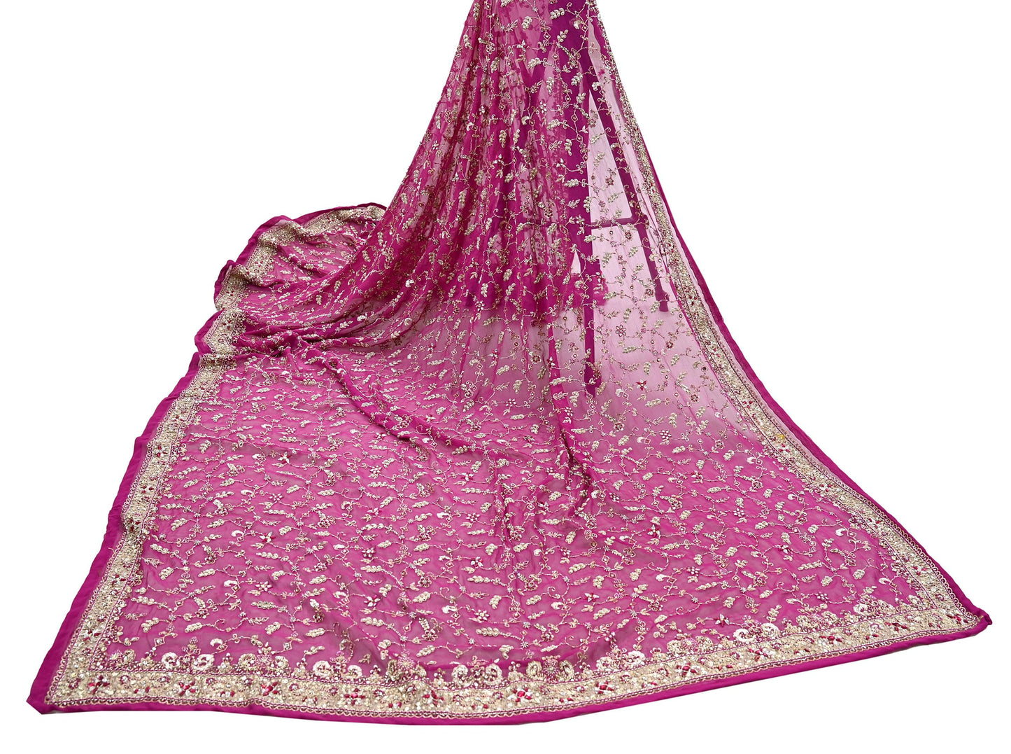 Indian Vintage Heavy Rani Pink Bridal Dupatta Pure Georgette Silk Hand Embroidered Zardozi, Dabka, Zari Work Party Wear Long Stole
