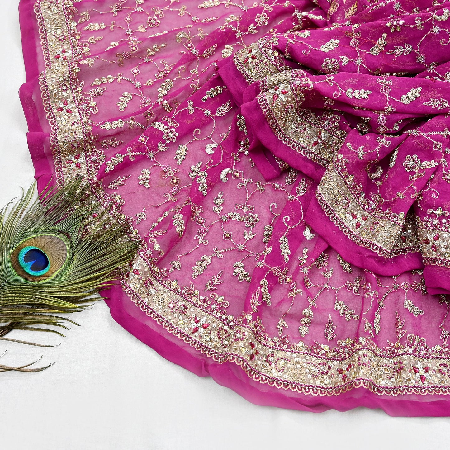 Indian Vintage Heavy Rani Pink Bridal Dupatta Pure Georgette Silk Hand Embroidered Zardozi, Dabka, Zari Work Party Wear Long Stole