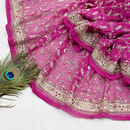 Indian Vintage Heavy Rani Pink Bridal Dupatta Pure Georgette Silk Hand Embroidered Zardozi, Dabka, Zari Work Party Wear Long Stole