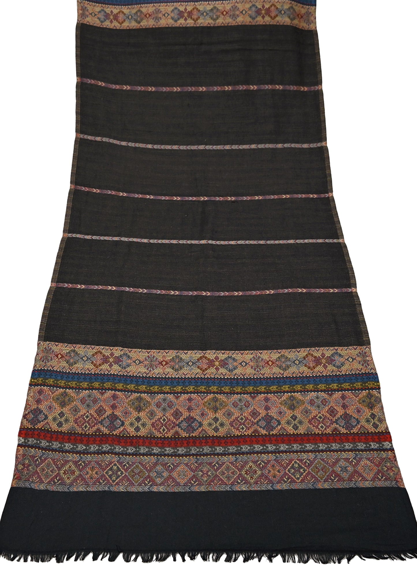 Vintage Black Viscose Handmade Woven Long Throw Stole Warm Geometric Design Fringes