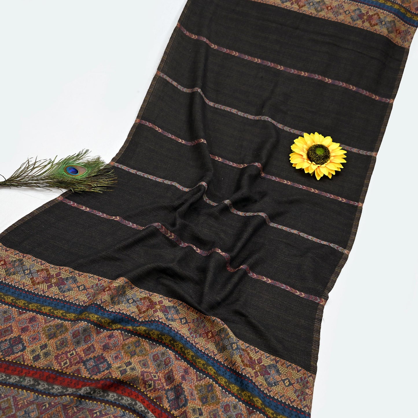 Vintage Black Viscose Handmade Woven Long Throw Stole Warm Geometric Design Fringes