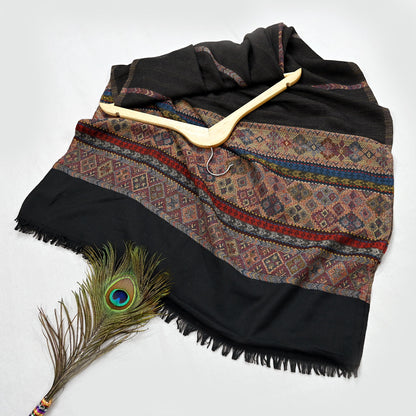 Vintage Black Viscose Handmade Woven Long Throw Stole Warm Geometric Design Fringes