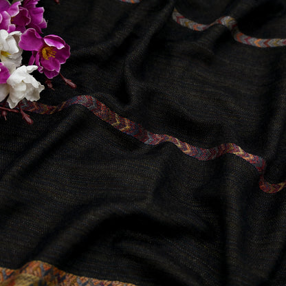 Vintage Black Viscose Handmade Woven Long Throw Stole Warm Geometric Design Fringes