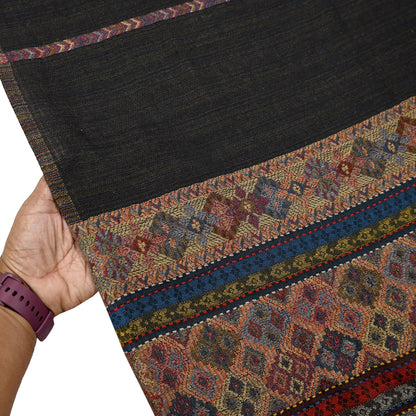 Vintage Black Viscose Handmade Woven Long Throw Stole Warm Geometric Design Fringes