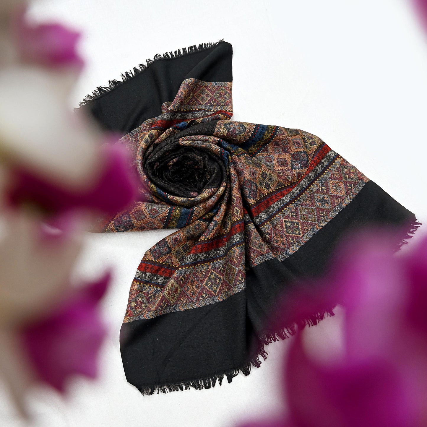 Vintage Black Viscose Handmade Woven Long Throw Stole Warm Geometric Design Fringes