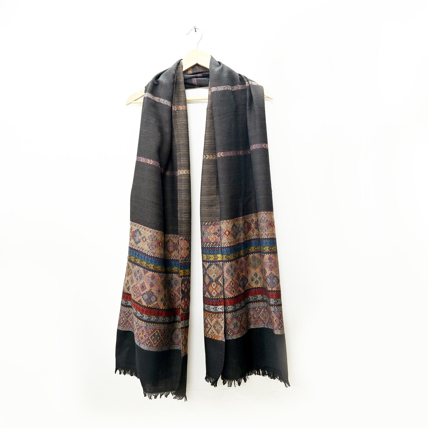 Vintage Black Viscose Handmade Woven Long Throw Stole Warm Geometric Design Fringes