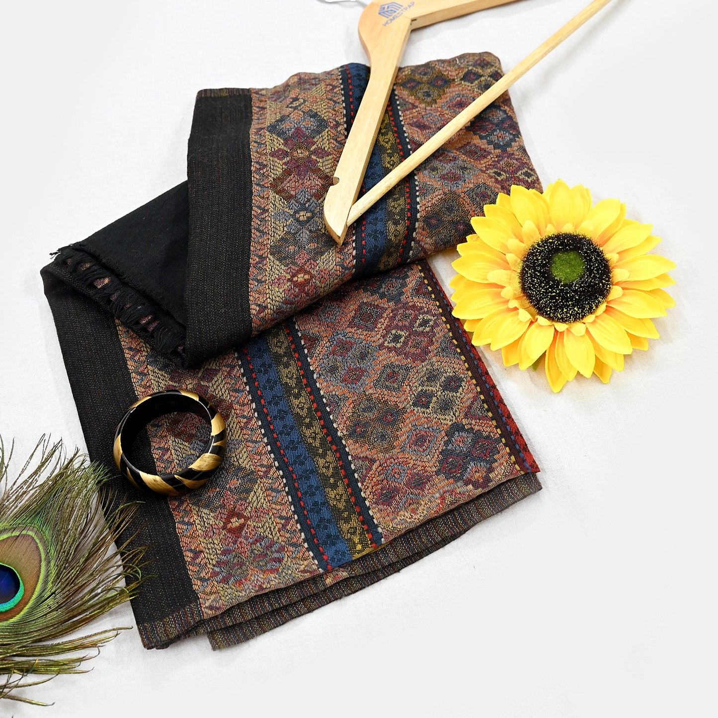 Vintage Black Viscose Handmade Woven Long Throw Stole Warm Geometric Design Fringes