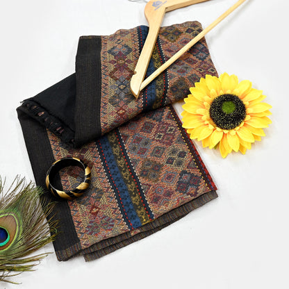 Vintage Black Viscose Handmade Woven Long Throw Stole Warm Geometric Design Fringes