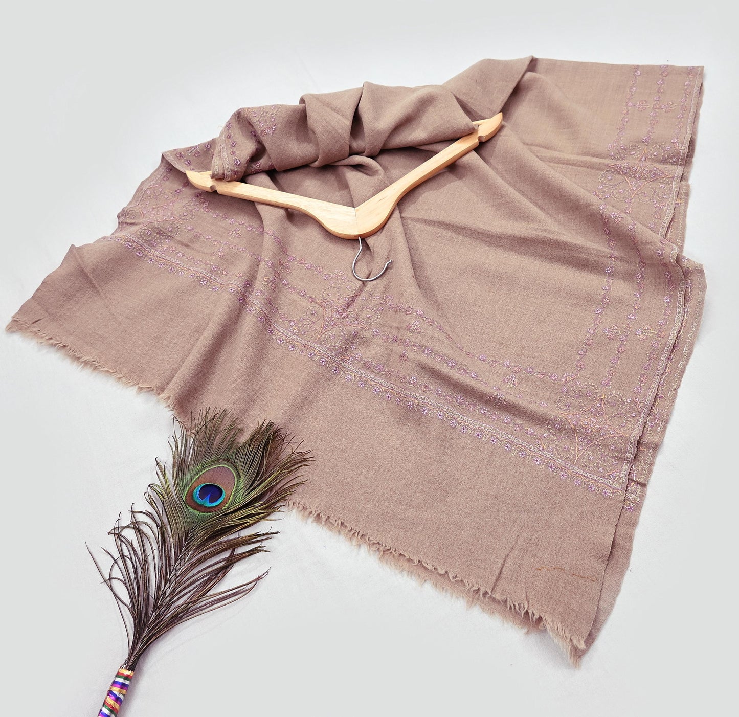 Indian Vintage Beige Shawl Pure Woolen Handmade Suzani Long Throw Stole Warm Floral Design Soft Soft Cozy