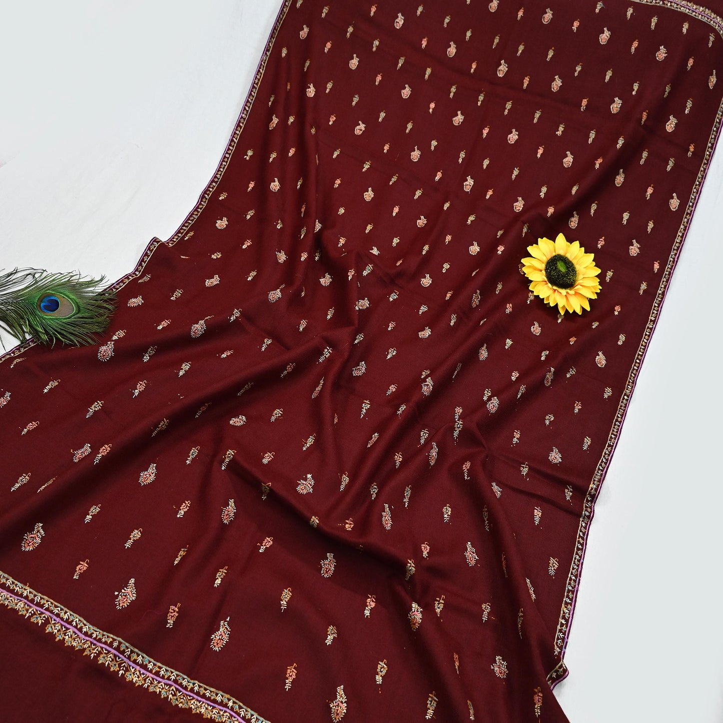 Indian Vintage Maroon Wool Shawl Hand-Embroidered Suzani Stole Pure Wool Wrap warm soft floral design
