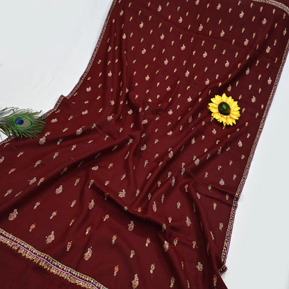 Indian Vintage Maroon Wool Shawl Hand-Embroidered Suzani Stole Pure Wool Wrap warm soft floral design
