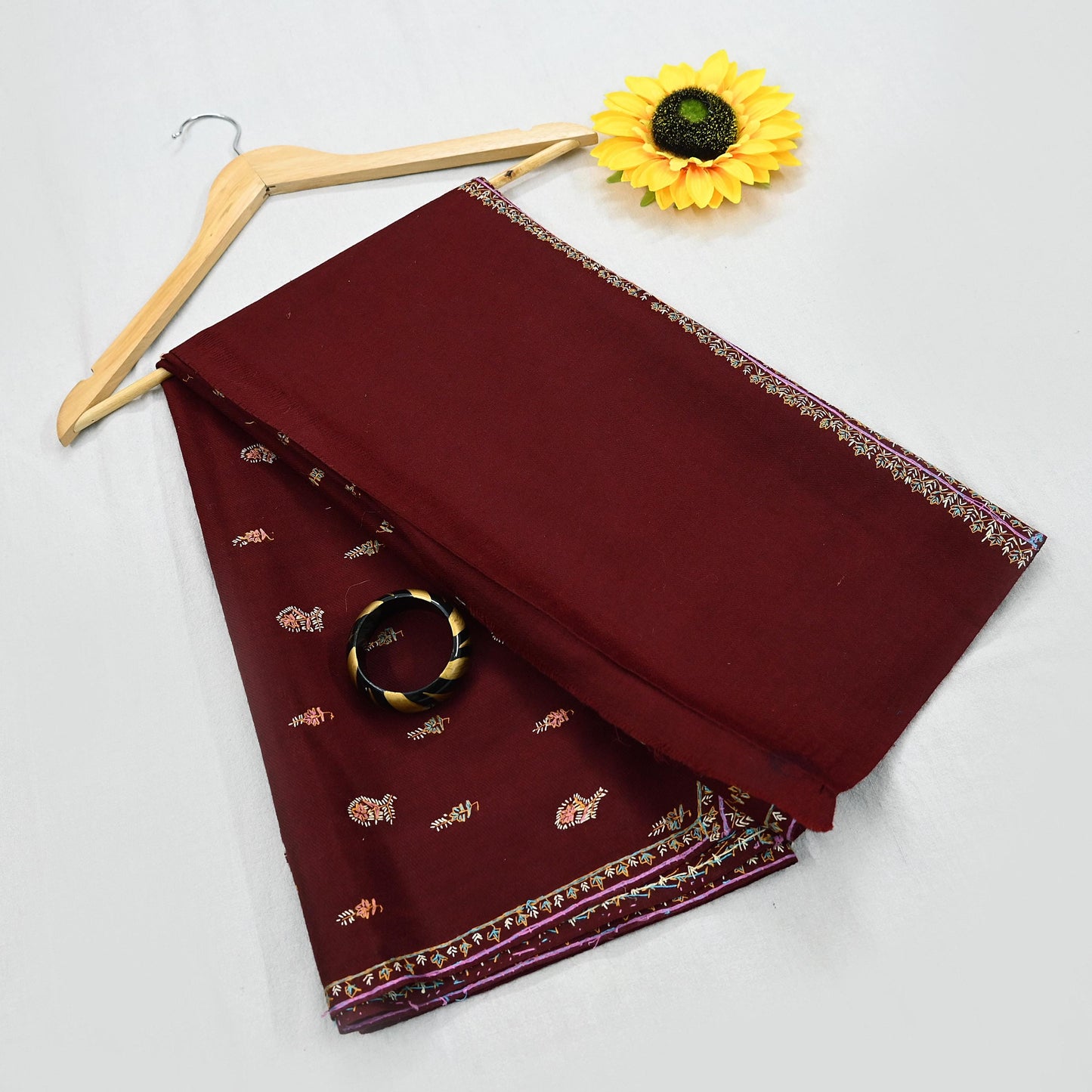 Indian Vintage Maroon Wool Shawl Hand-Embroidered Suzani Stole Pure Wool Wrap warm soft floral design