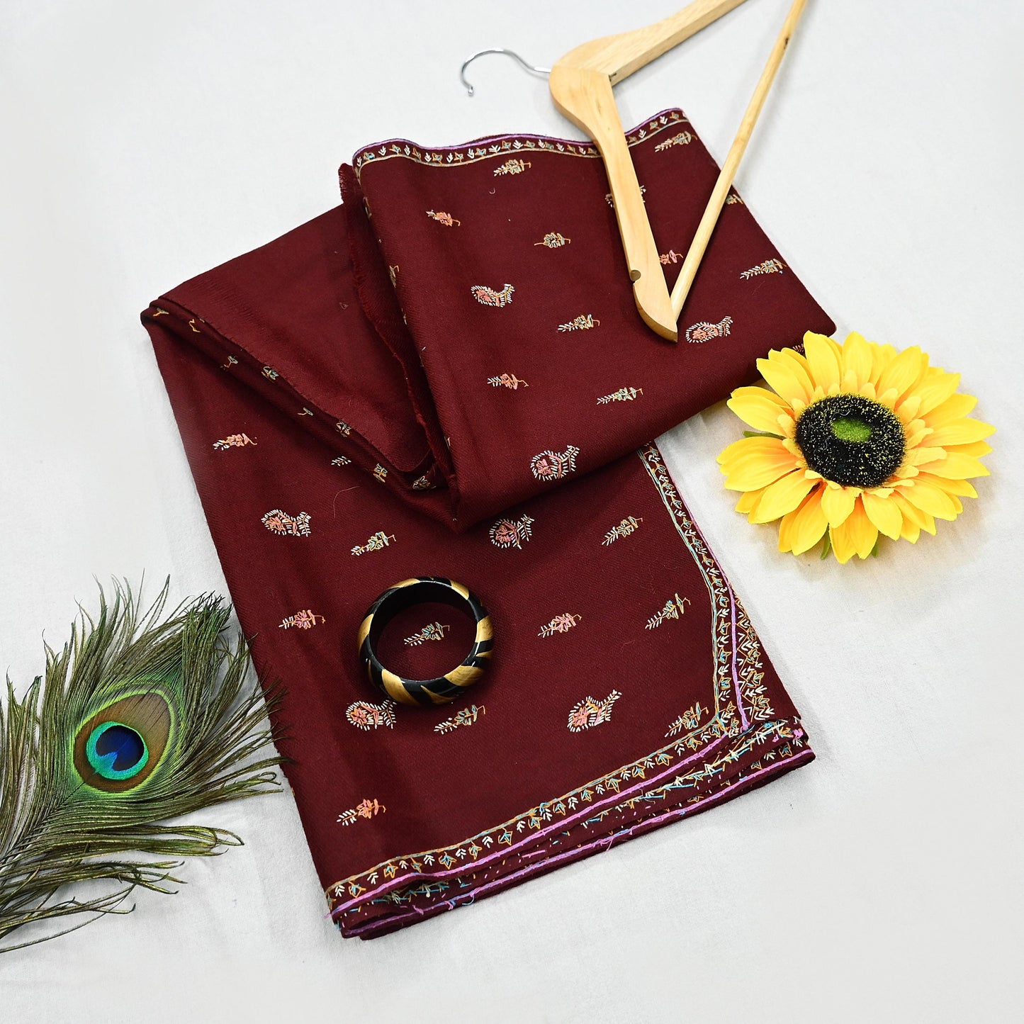 Indian Vintage Maroon Wool Shawl Hand-Embroidered Suzani Stole Pure Wool Wrap warm soft floral design