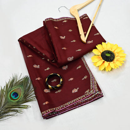 Indian Vintage Maroon Wool Shawl Hand-Embroidered Suzani Stole Pure Wool Wrap warm soft floral design