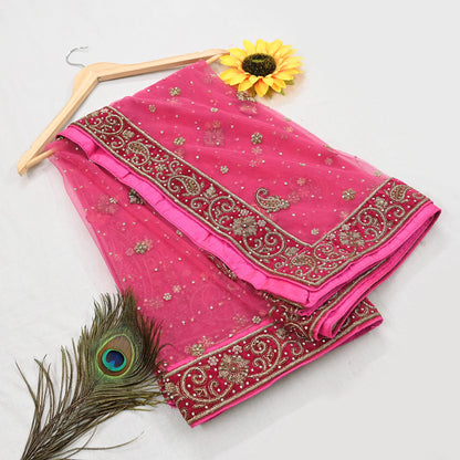 Indian party wear Pink & Green Net Raw silk Hand Embroidered Semi Stitched Lehenga Set of 3pcs Bollywood style wedding wear