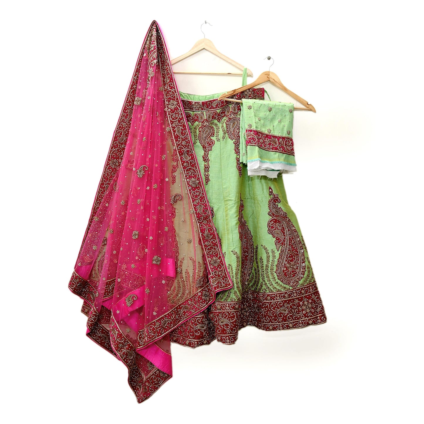 Indian party wear Pink & Green Net Raw silk Hand Embroidered Semi Stitched Lehenga Set of 3pcs Bollywood style wedding wear