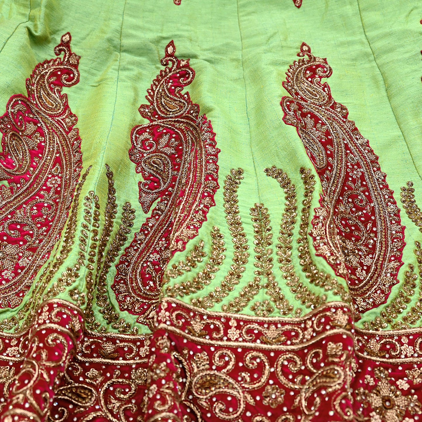 Indian party wear Pink & Green Net Raw silk Hand Embroidered Semi Stitched Lehenga Set of 3pcs Bollywood style wedding wear
