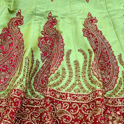 Indian party wear Pink & Green Net Raw silk Hand Embroidered Semi Stitched Lehenga Set of 3pcs Bollywood style wedding wear