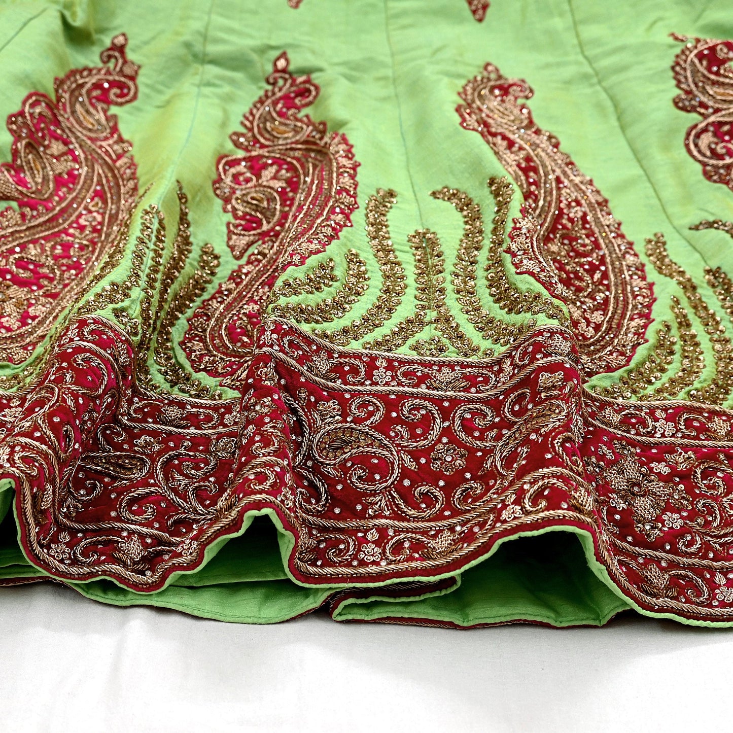 Indian Heavy Parrot Green Hand Embroidered Semi Stitched Lehenga/Skirt Bridal Wear Zardozi/ Dabka Bollywood skirt party wear