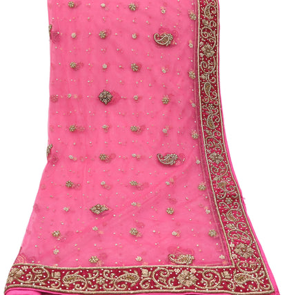 Indian Vintage Heavy Pink Dupatta Net Mesh Long Stole Hand Embroidered Scarves Golden Zardozi Dabka Zari Stole Bridal/ Wedding veil