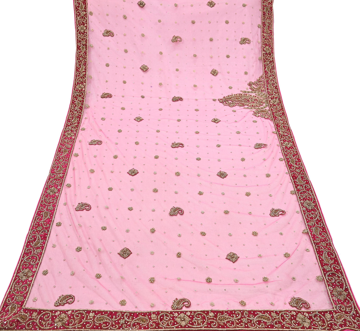 Indian Vintage Heavy Pink Dupatta Net Mesh Long Stole Hand Embroidered Scarves Golden Zardozi Dabka Zari Stole Bridal/ Wedding veil