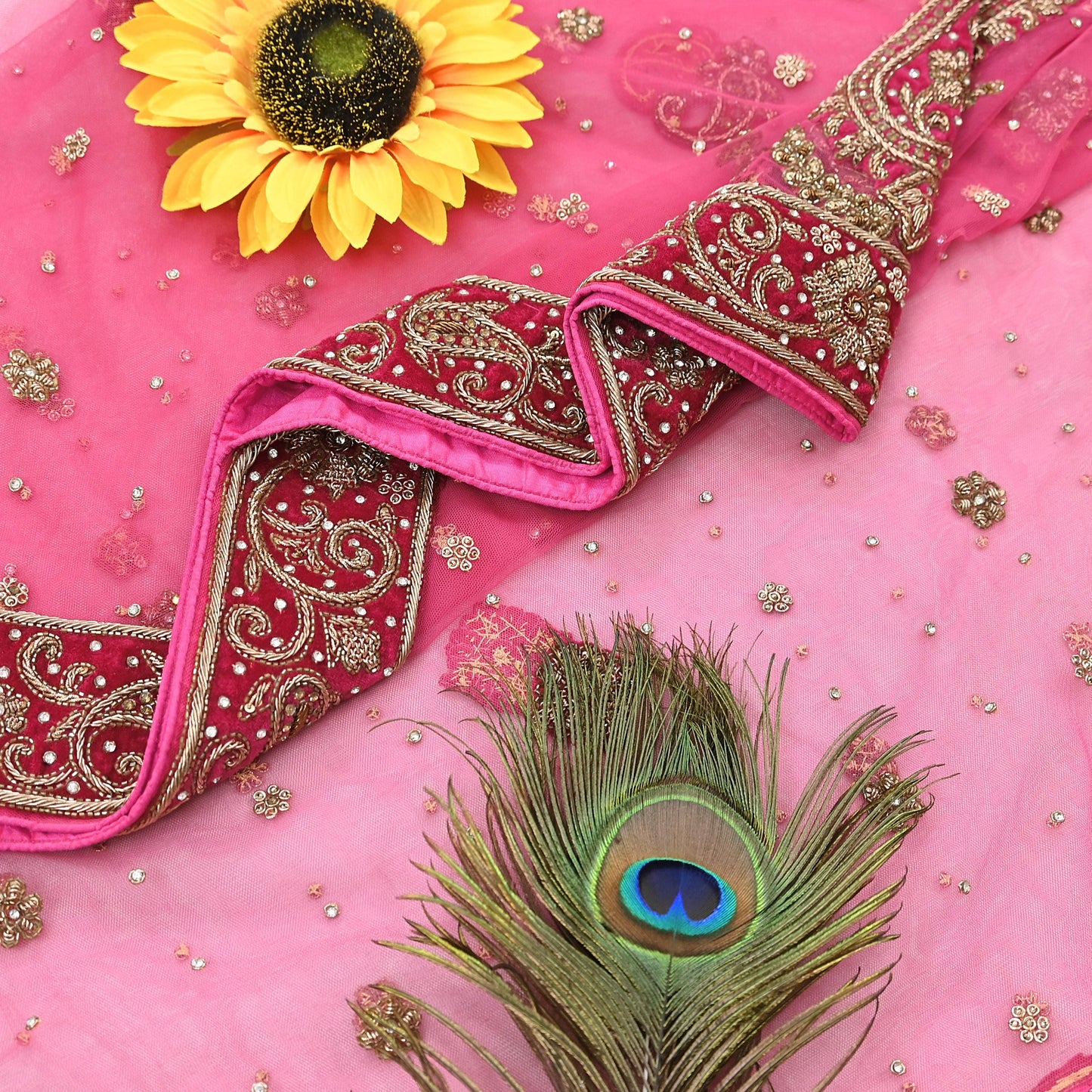 Indian Vintage Heavy Pink Dupatta Net Mesh Long Stole Hand Embroidered Scarves Golden Zardozi Dabka Zari Stole Bridal/ Wedding veil