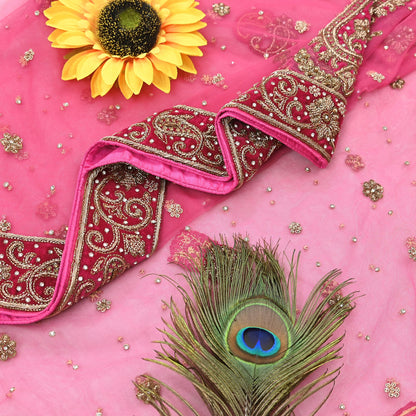 Indian Vintage Heavy Pink Dupatta Net Mesh Long Stole Hand Embroidered Scarves Golden Zardozi Dabka Zari Stole Bridal/ Wedding veil