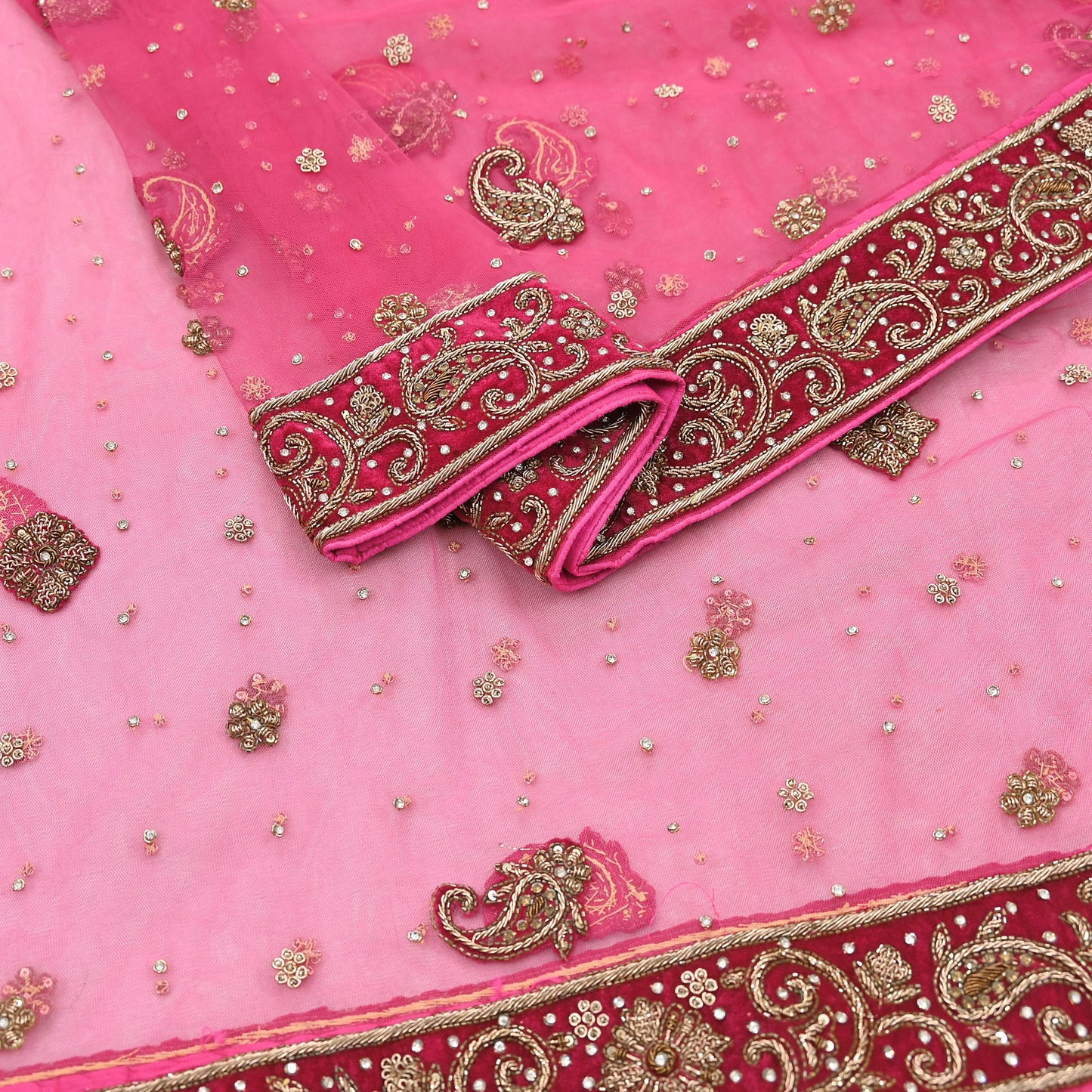 Indian Vintage Heavy Pink Dupatta Net Mesh Long Stole Hand Embroidered Scarves Golden Zardozi Dabka Zari Stole Bridal/ Wedding veil