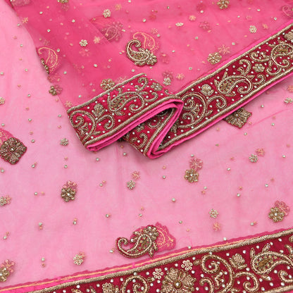 Indian Vintage Heavy Pink Dupatta Net Mesh Long Stole Hand Embroidered Scarves Golden Zardozi Dabka Zari Stole Bridal/ Wedding veil