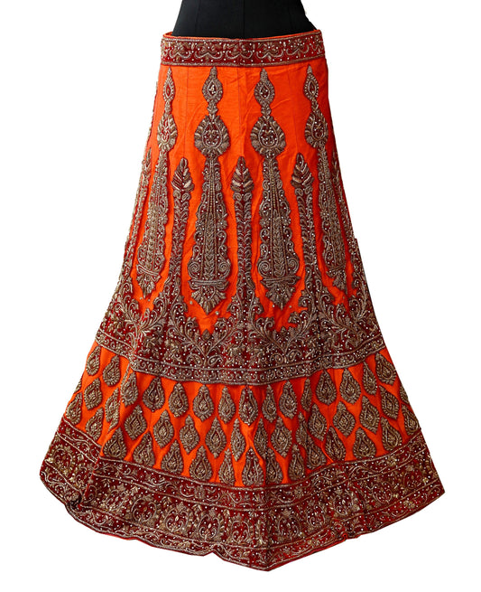 Indian Heavy Orange Hand Embroidered Semi Stitched Lehenga/Skirt Bridal Wear Zardozi/ Dabka Bollywood skirt party wear
