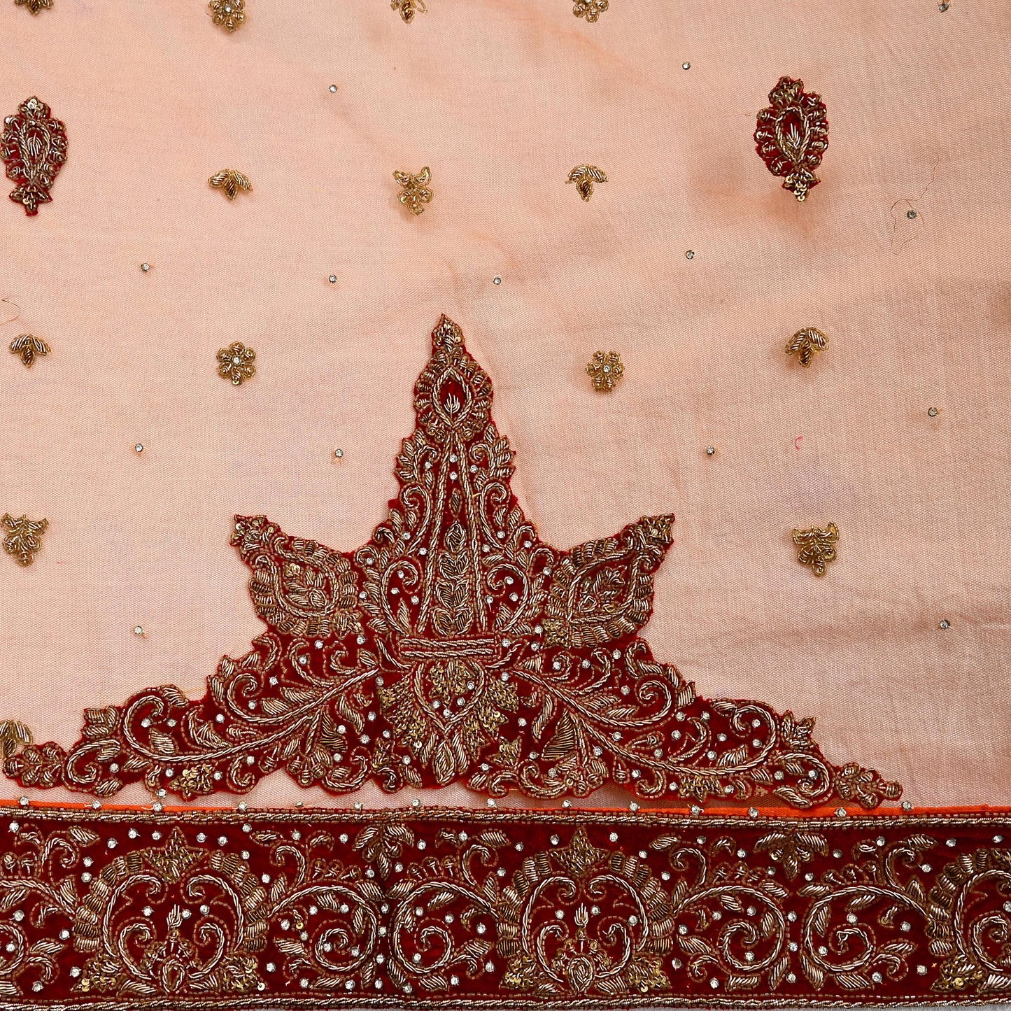 Indian Vintage Heavy Orange Dupatta Net Mesh Long Stole Hand Embroidered Scarves Golden Zardozi Dabka Zari Stole Bridal/ Wedding veil