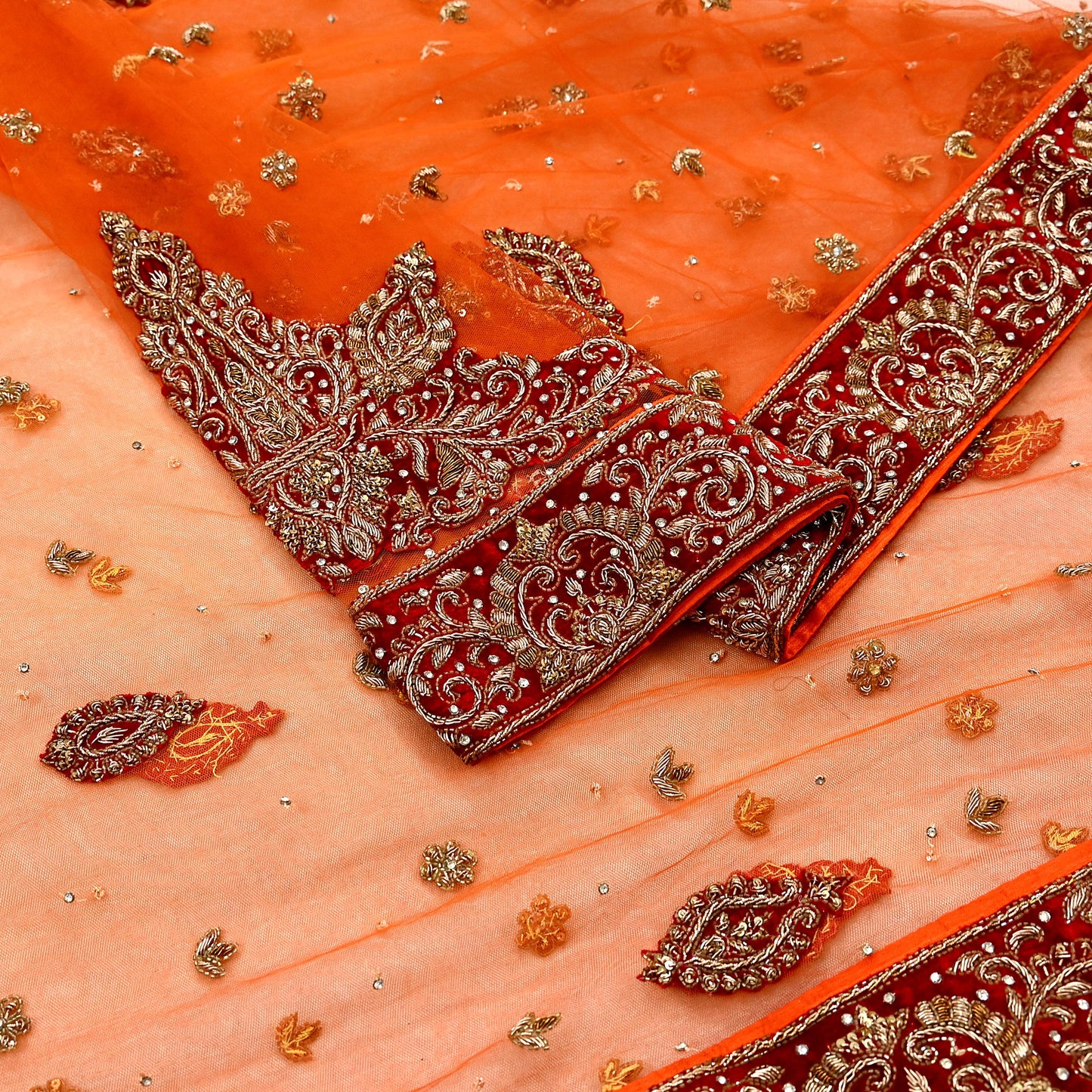 Indian Vintage Heavy Orange Dupatta Net Mesh Long Stole Hand Embroidered Scarves Golden Zardozi Dabka Zari Stole Bridal/ Wedding veil