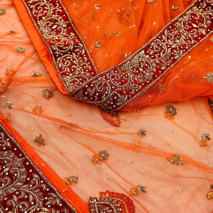 Indian Vintage Heavy Orange Dupatta Net Mesh Long Stole Hand Embroidered Scarves Golden Zardozi Dabka Zari Stole Bridal/ Wedding veil
