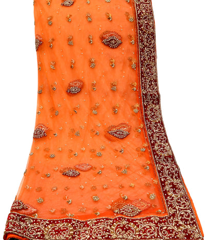 Indian Vintage Heavy Orange Dupatta Net Mesh Long Stole Hand Embroidered Scarves Golden Zardozi Dabka Zari Stole Bridal/ Wedding veil