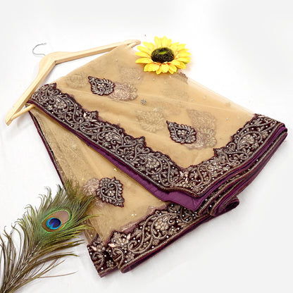 Indian party wear Beige & wine Net Velvet Hand Embroidered Semi Stitched Lehenga Set of 2pcs Bollywood style wedding wear