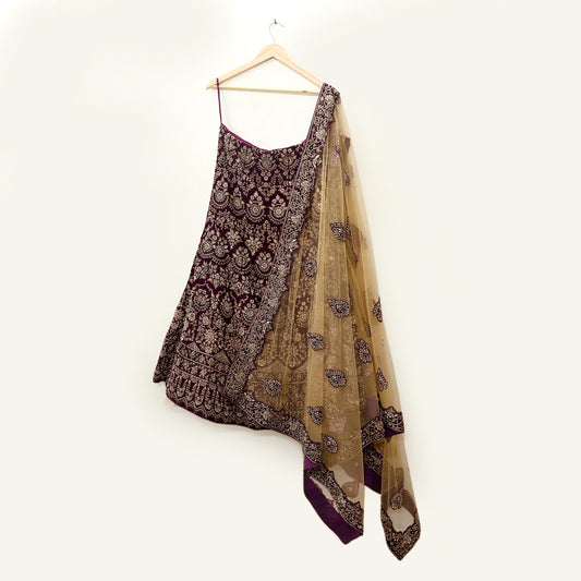 Indian party wear Beige & wine Net Velvet Hand Embroidered Semi Stitched Lehenga Set of 2pcs Bollywood style wedding wear