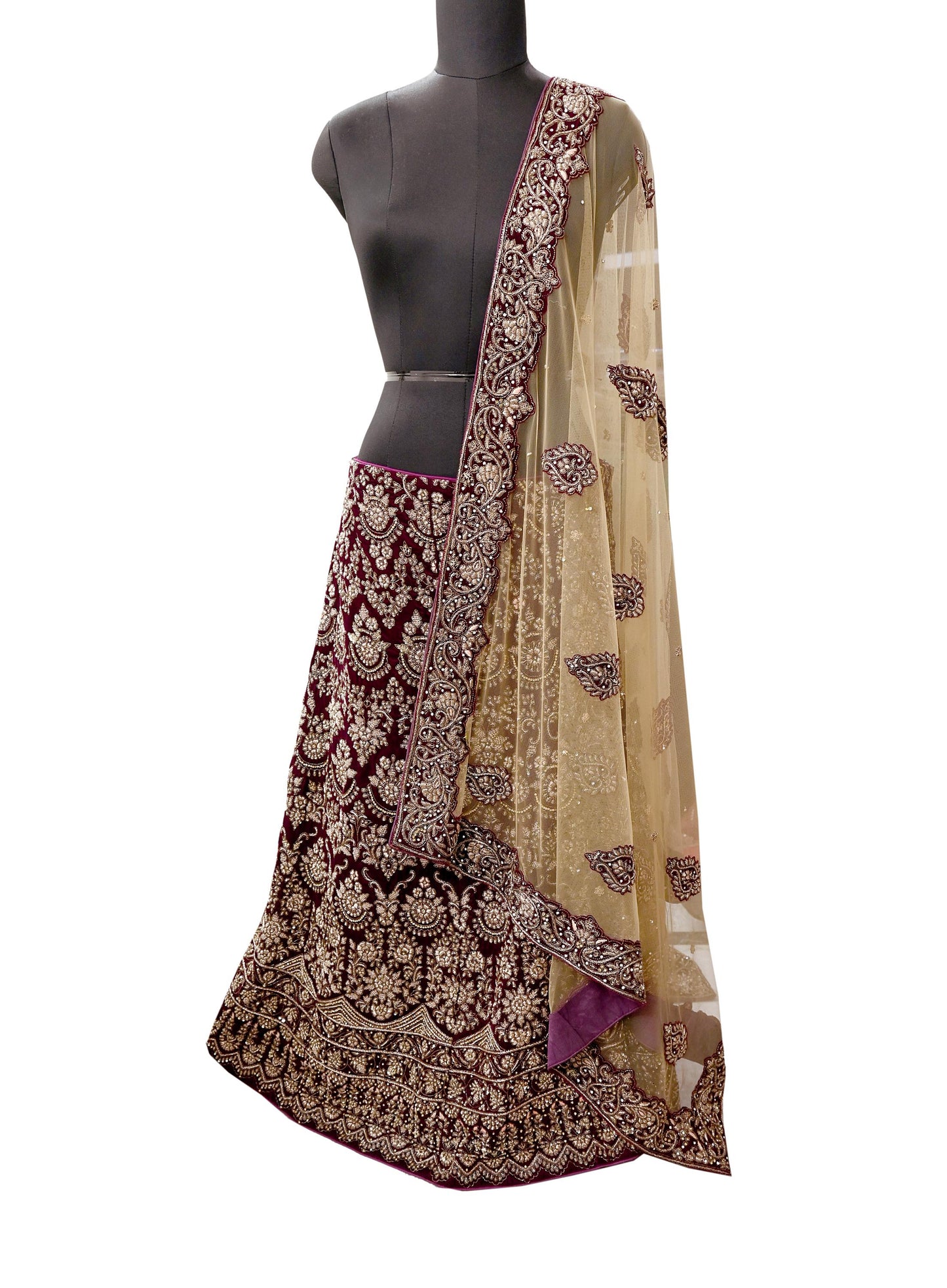 Indian party wear Beige & wine Net Velvet Hand Embroidered Semi Stitched Lehenga Set of 2pcs Bollywood style wedding wear