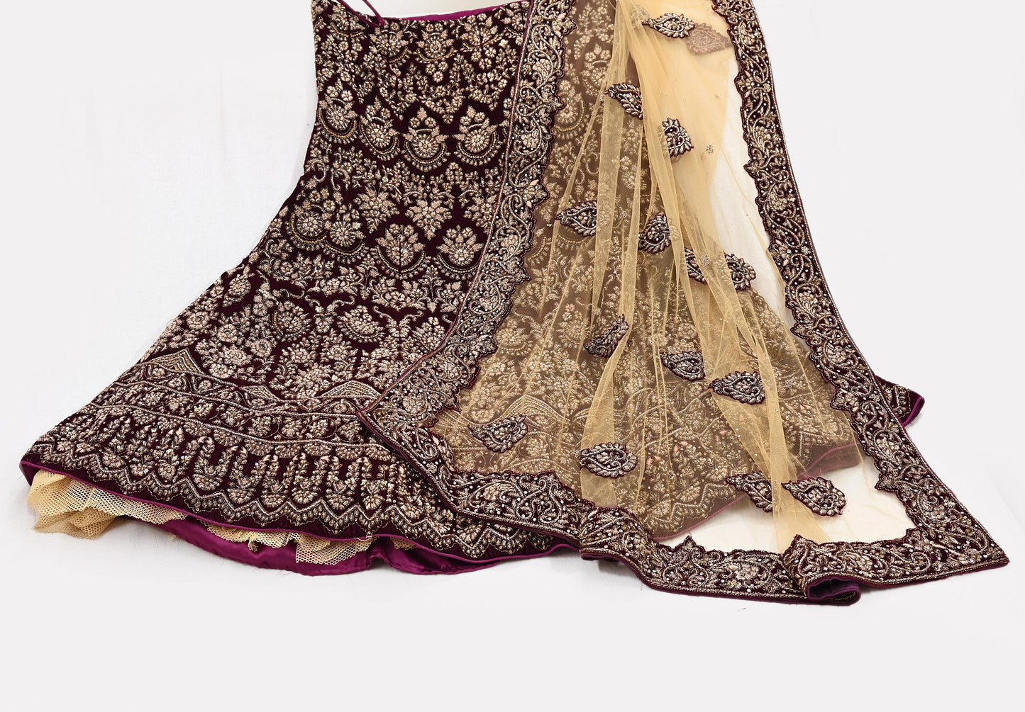 Indian party wear Beige & wine Net Velvet Hand Embroidered Semi Stitched Lehenga Set of 2pcs Bollywood style wedding wear