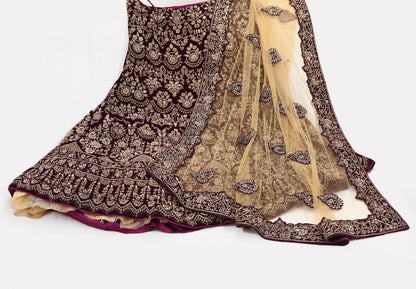 Indian party wear Beige & wine Net Velvet Hand Embroidered Semi Stitched Lehenga Set of 2pcs Bollywood style wedding wear