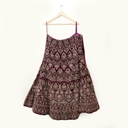 Indian Heavy wine Velvet Hand Embroidered Semi stitched Lehenga/Skirt Bridal Wear Zardozi/ Dabka Bollywood skirt Party wear
