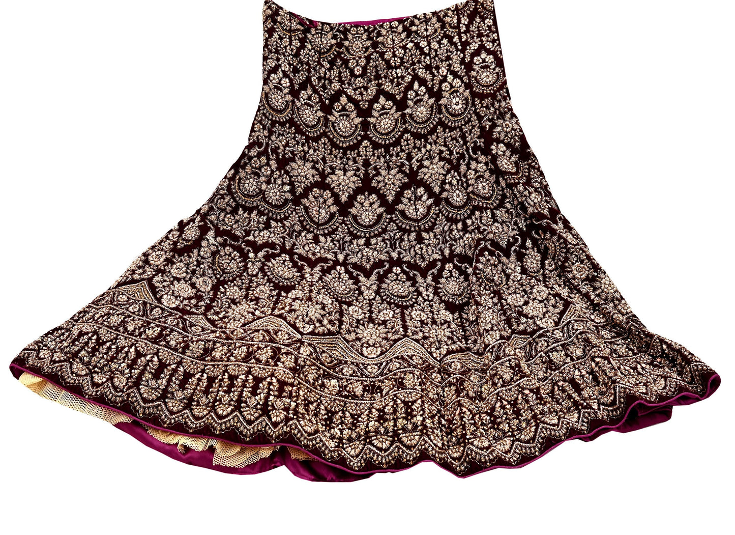 Indian Heavy wine Velvet Hand Embroidered Semi stitched Lehenga/Skirt Bridal Wear Zardozi/ Dabka Bollywood skirt Party wear