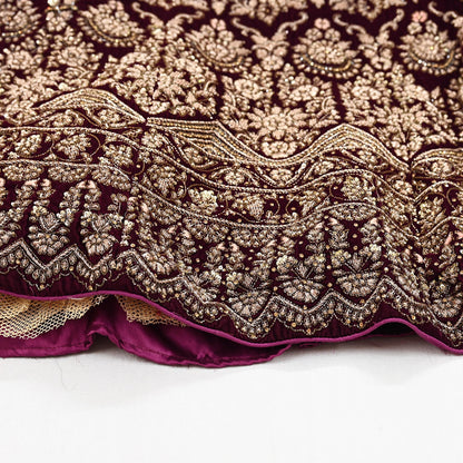 Indian Heavy wine Velvet Hand Embroidered Semi stitched Lehenga/Skirt Bridal Wear Zardozi/ Dabka Bollywood skirt Party wear