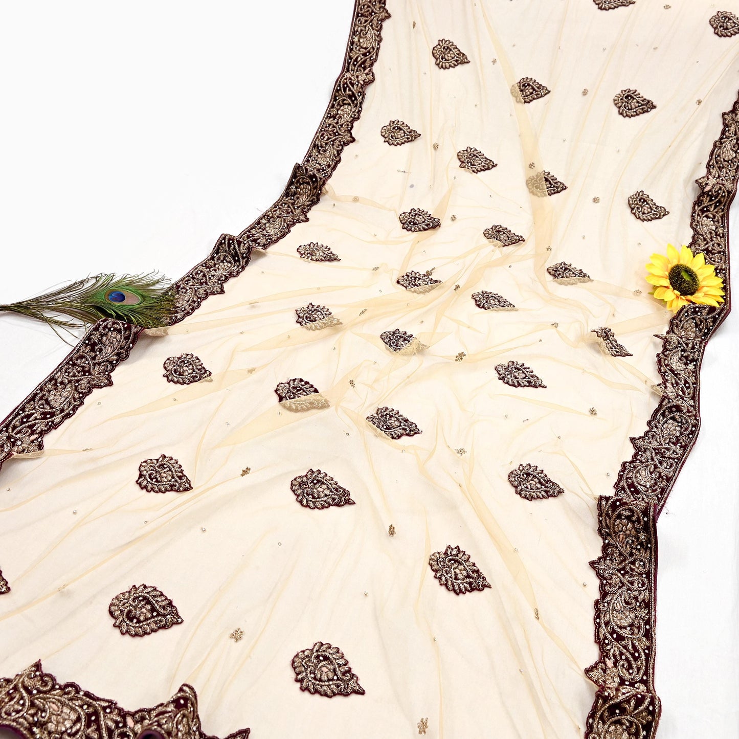 Indian Vintage Heavy Beige Dupatta Net Mesh Long Stole Hand Embroidered Scarves Golden Zardozi Dabka Zari Stole Bridal/ Wedding veil