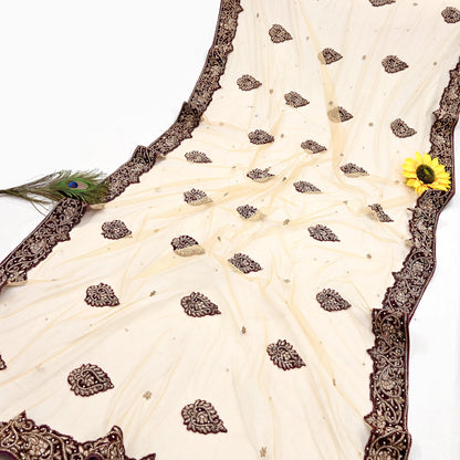 Indian Vintage Heavy Beige Dupatta Net Mesh Long Stole Hand Embroidered Scarves Golden Zardozi Dabka Zari Stole Bridal/ Wedding veil